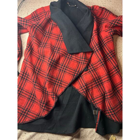 Soft Surroundings Buffalo Check Swing Cardigan Medium Red Black Open Front - Picture 1 of 6